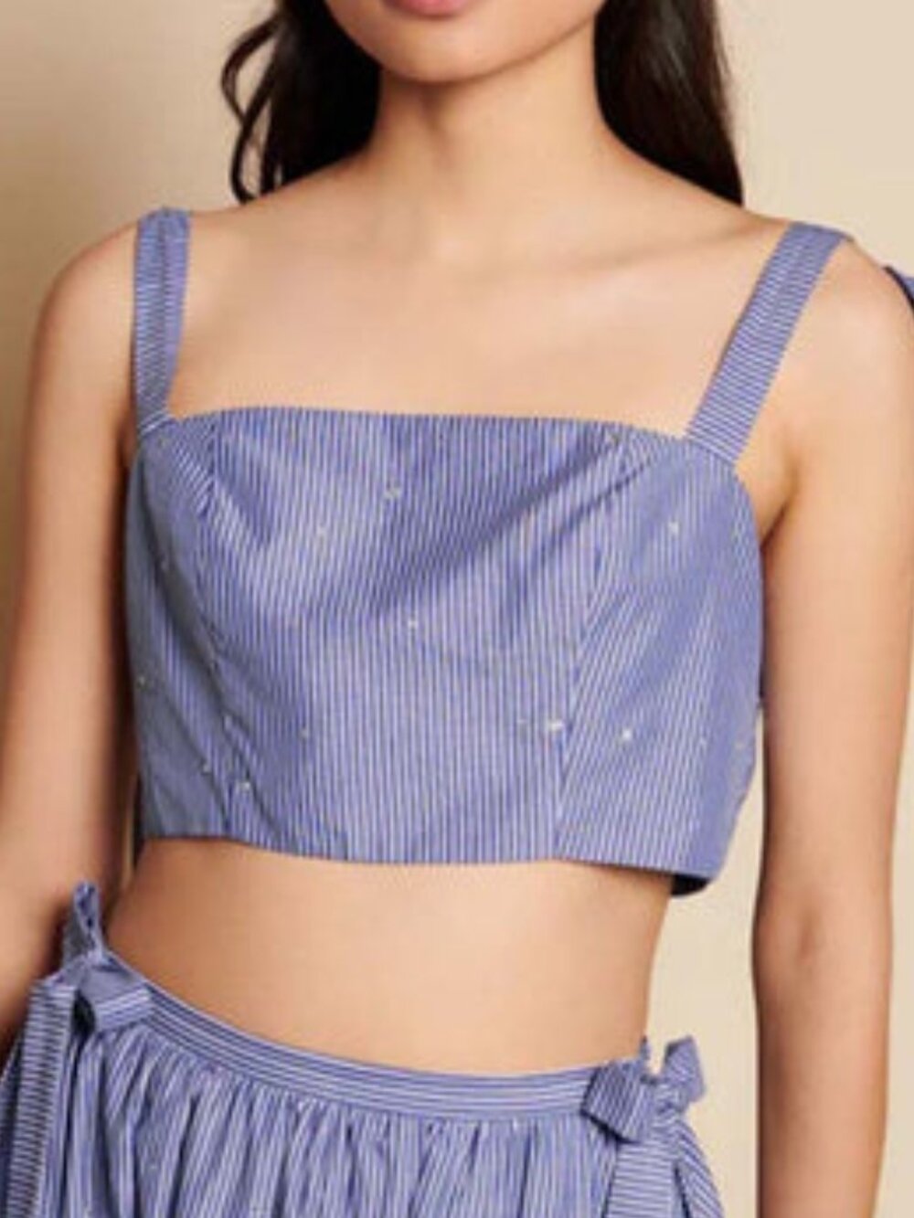 Sister Jane Blue Stripe Crop Top Rhinestone Ribbon Straps Bows